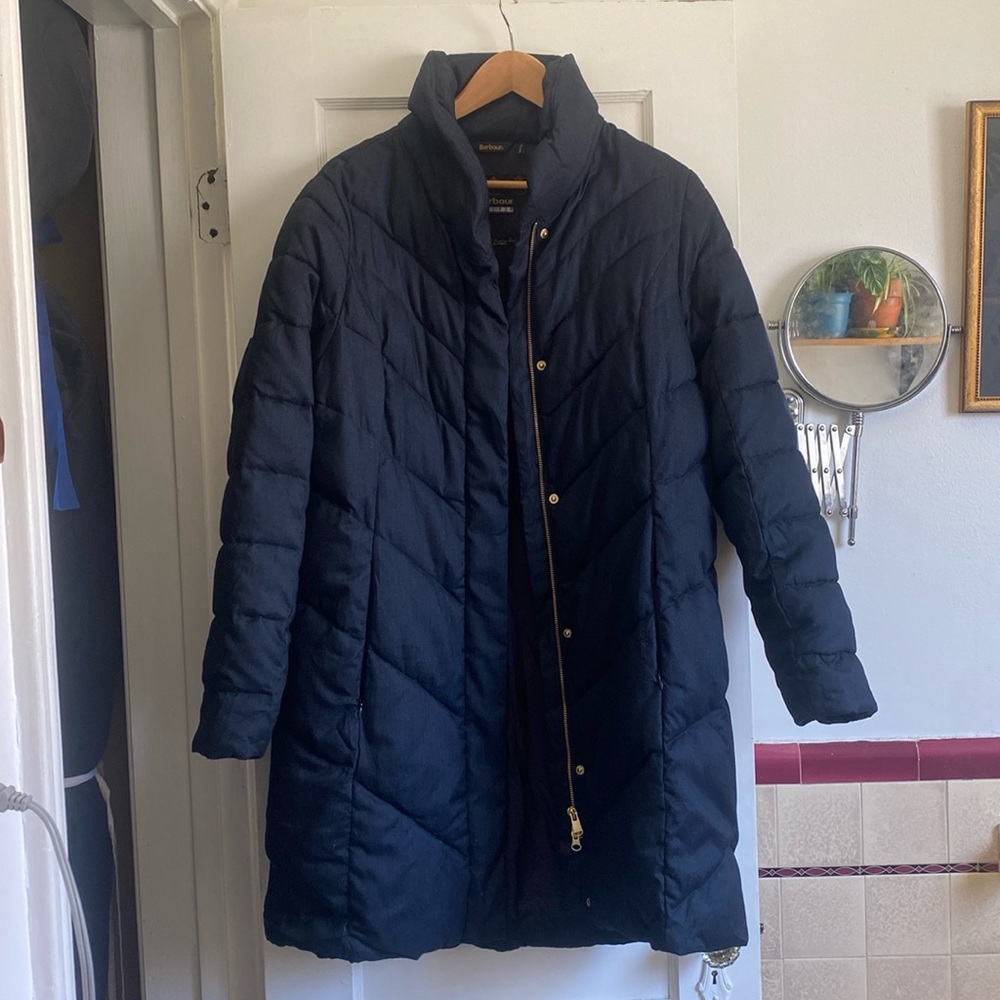 Barbour coat, women size 12. Worn once. It is navy, as in the first two pics.